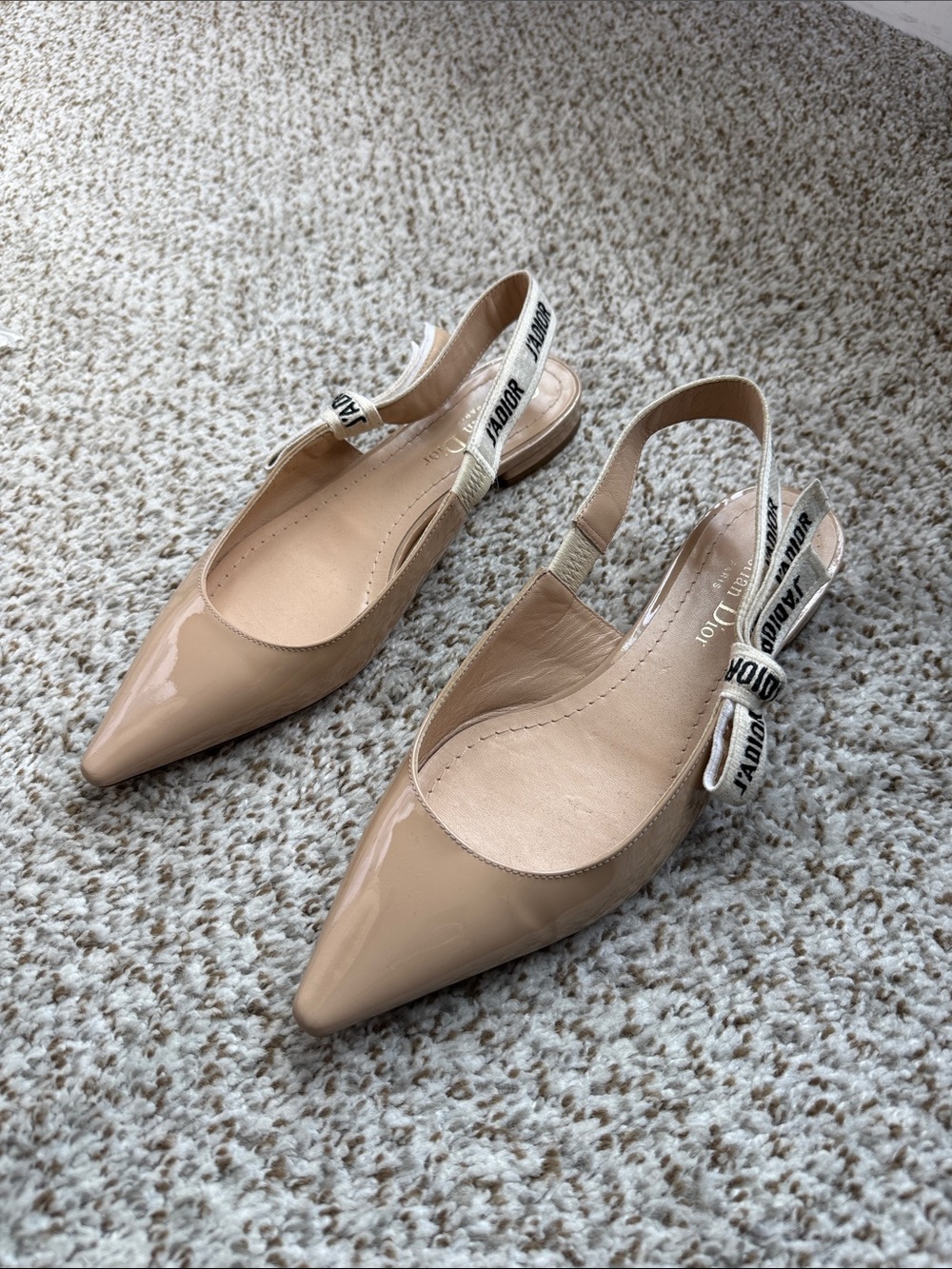 Dior Nude Patent Leather Pointed Slingback Flats with Logo Ribbon